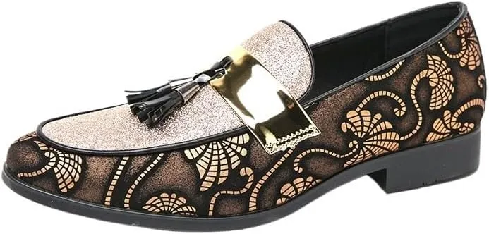 Mens Loafers Metallic Glitter Slip-on Smoking Shoes Moccasins Leather Dress Shoes
