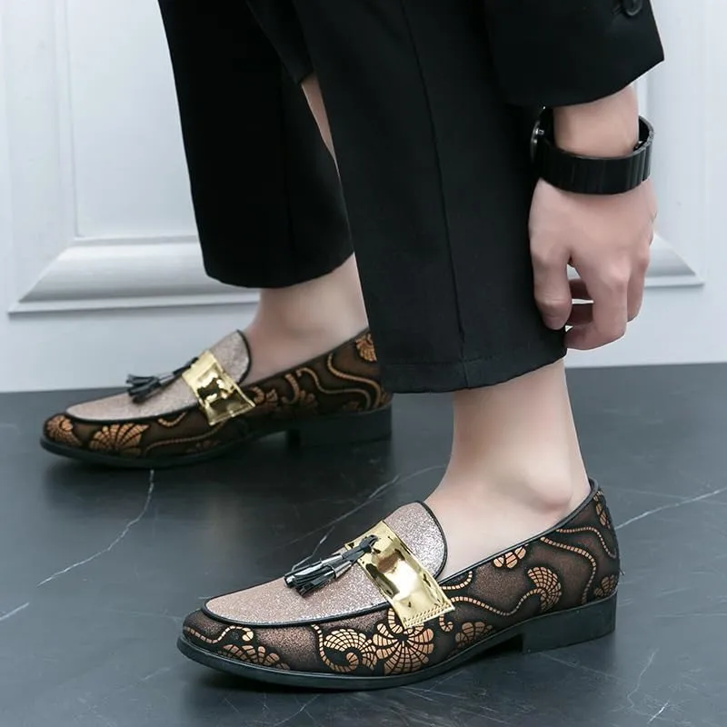 Mens Loafers Metallic Glitter Slip-on Smoking Shoes Moccasins Leather Dress Shoes