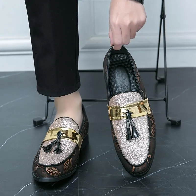 Mens Loafers Metallic Glitter Slip-on Smoking Shoes Moccasins Leather Dress Shoes