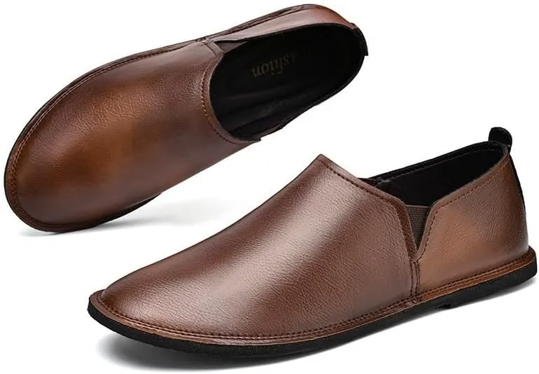 Men's Loafers Solid Color Round Toe Slip-On Shoes Lightweight Flat Heel Anti-Slip Driving Loafers for Casual and Formal Wear