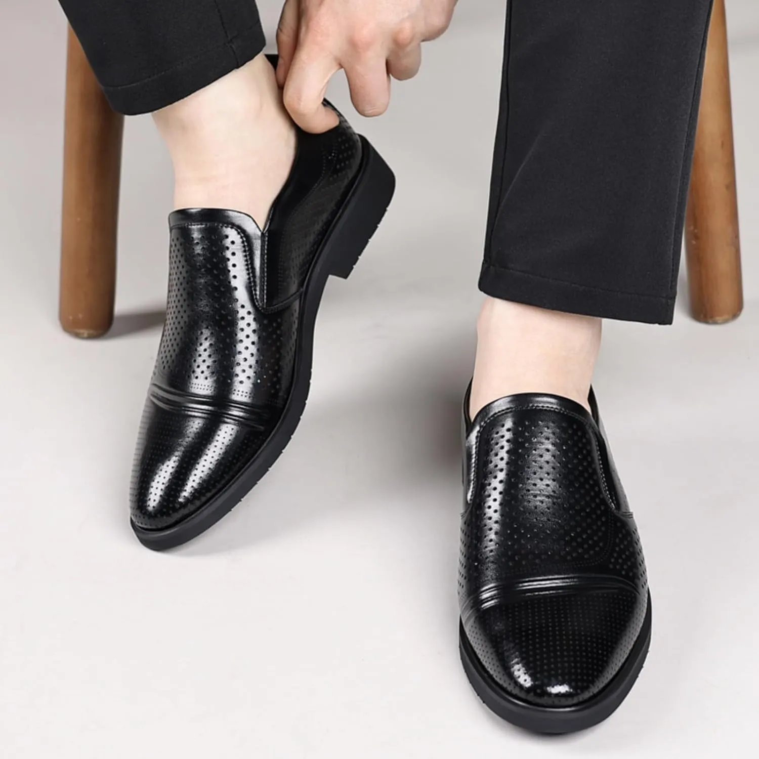 Men's Perforated Breathable Slip - On Loafers, Leather Dress Shoes with Pointed Toe, Derby Style. Ideal for Outings, Parties, Weddings and Other Formal Occasions Brown Black