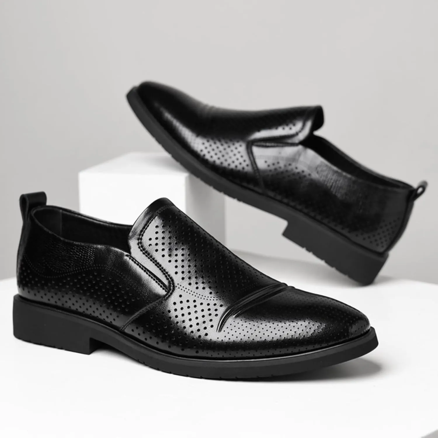 Men's Perforated Breathable Slip - On Loafers, Leather Dress Shoes with Pointed Toe, Derby Style. Ideal for Outings, Parties, Weddings and Other Formal Occasions Brown Black
