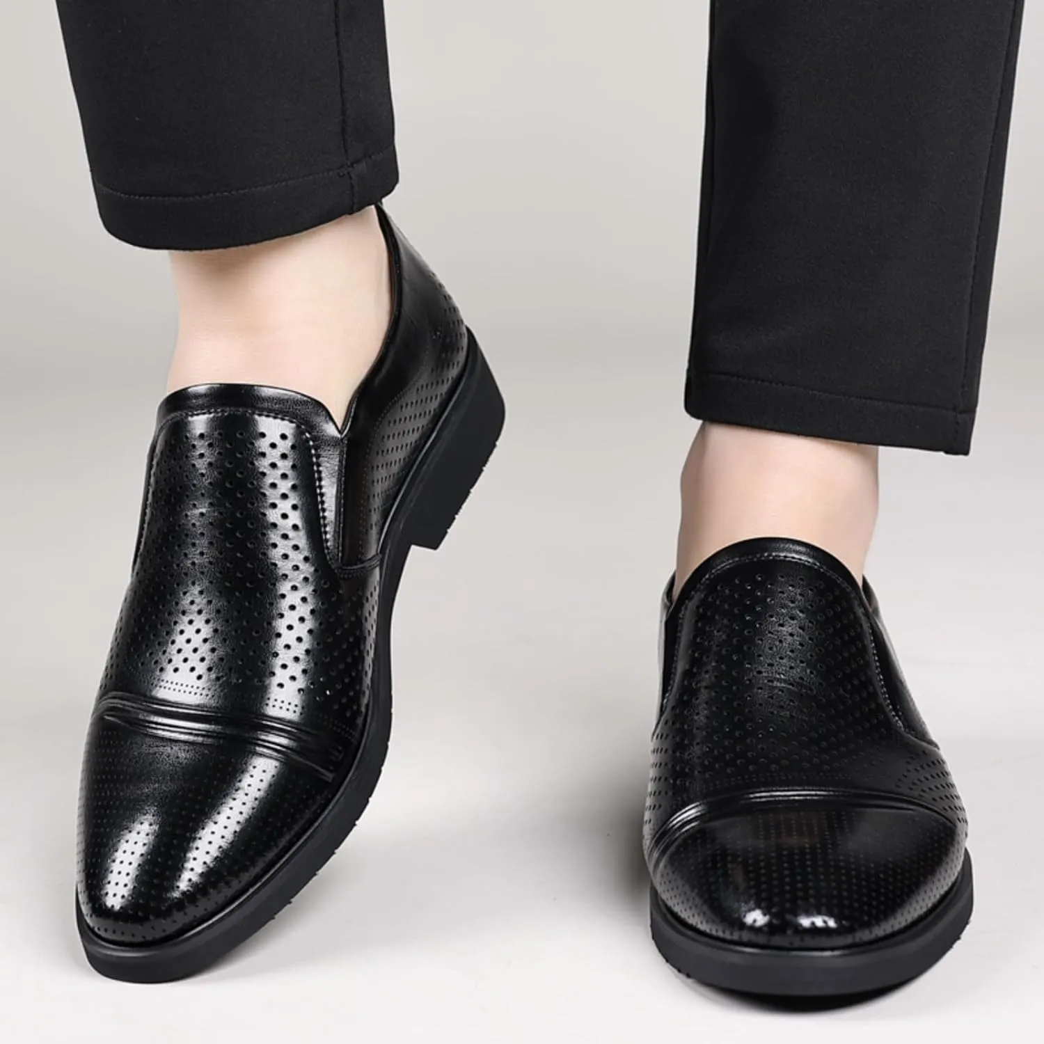 Men's Perforated Breathable Slip - On Loafers, Leather Dress Shoes with Pointed Toe, Derby Style. Ideal for Outings, Parties, Weddings and Other Formal Occasions Brown Black