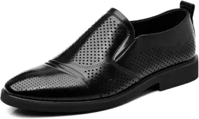 Men's Perforated Breathable Slip - On Loafers, Leather Dress Shoes with Pointed Toe, Derby Style. Ideal for Outings, Parties, Weddings and Other Formal Occasions Brown Black