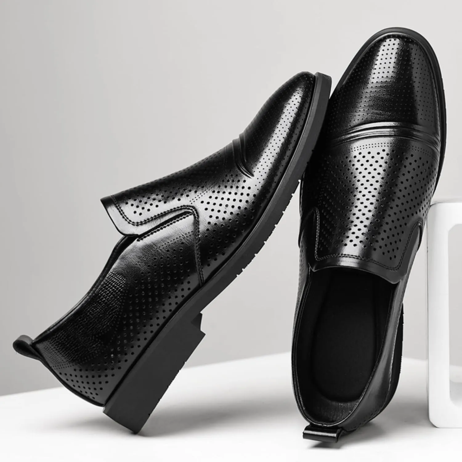 Men's Perforated Breathable Slip - On Loafers, Leather Dress Shoes with Pointed Toe, Derby Style. Ideal for Outings, Parties, Weddings and Other Formal Occasions Brown Black