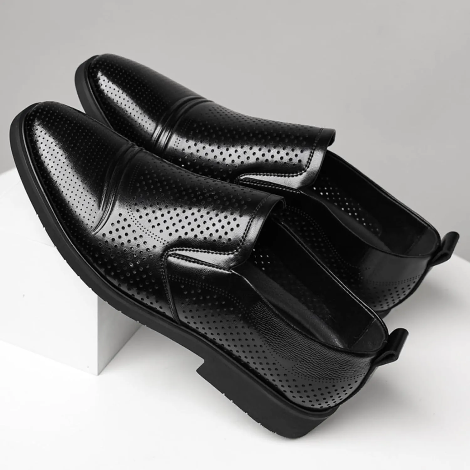 Men's Perforated Breathable Slip - On Loafers, Leather Dress Shoes with Pointed Toe, Derby Style. Ideal for Outings, Parties, Weddings and Other Formal Occasions Brown Black