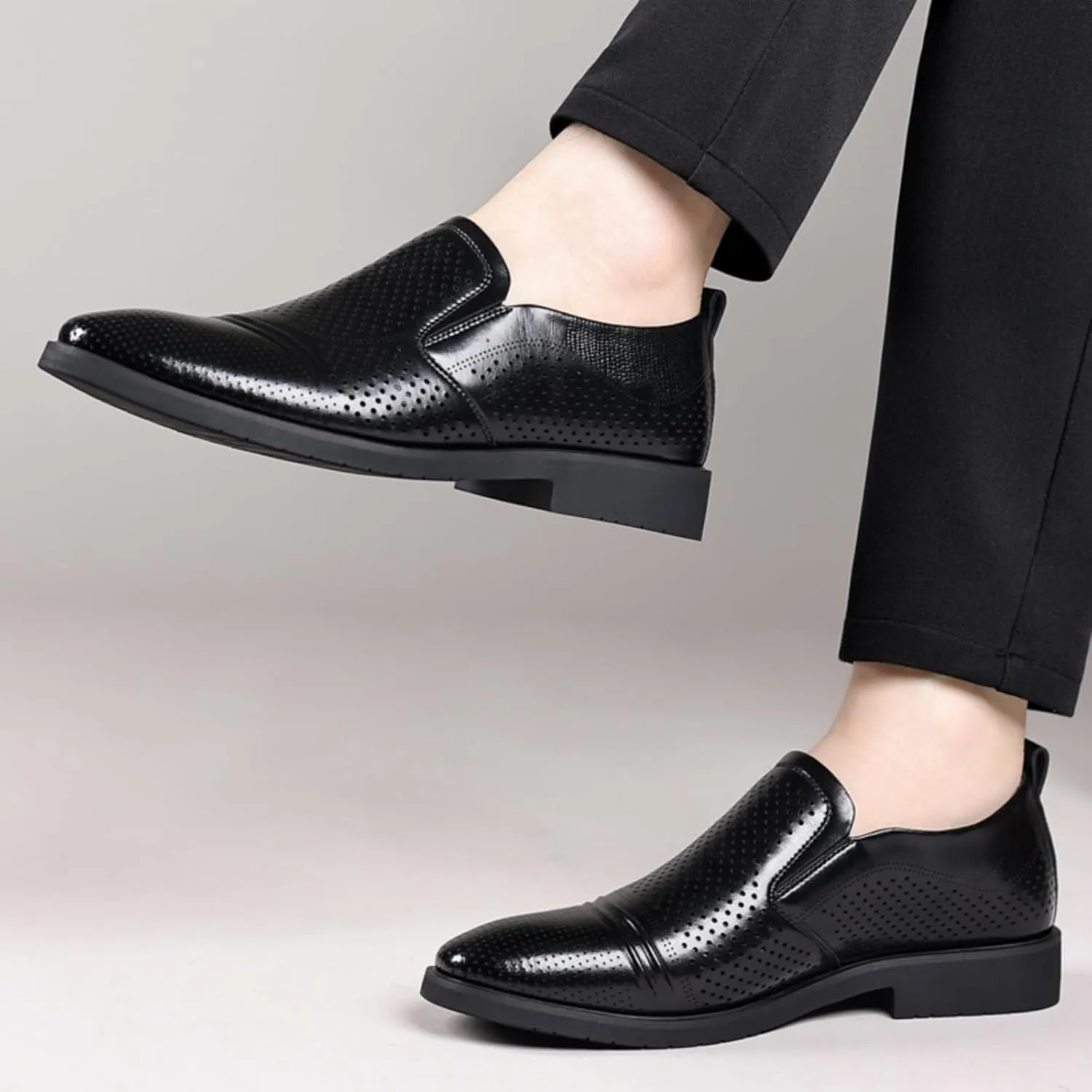 Men's Perforated Breathable Slip - On Loafers, Leather Dress Shoes with Pointed Toe, Derby Style. Ideal for Outings, Parties, Weddings and Other Formal Occasions Brown Black