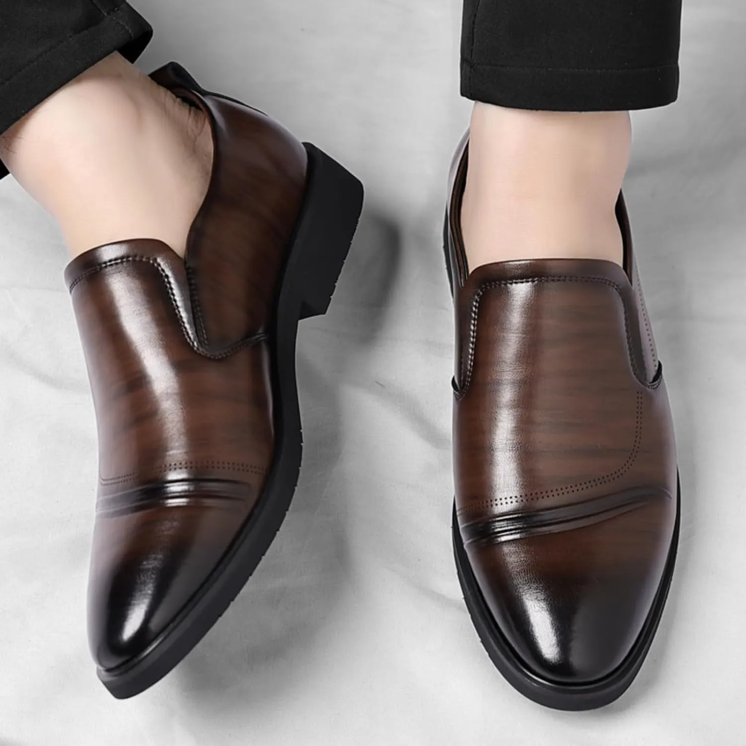 Men's Perforated Breathable Slip - On Loafers, Leather Dress Shoes with Pointed Toe, Derby Style. Ideal for Outings, Parties, Weddings and Other Formal Occasions