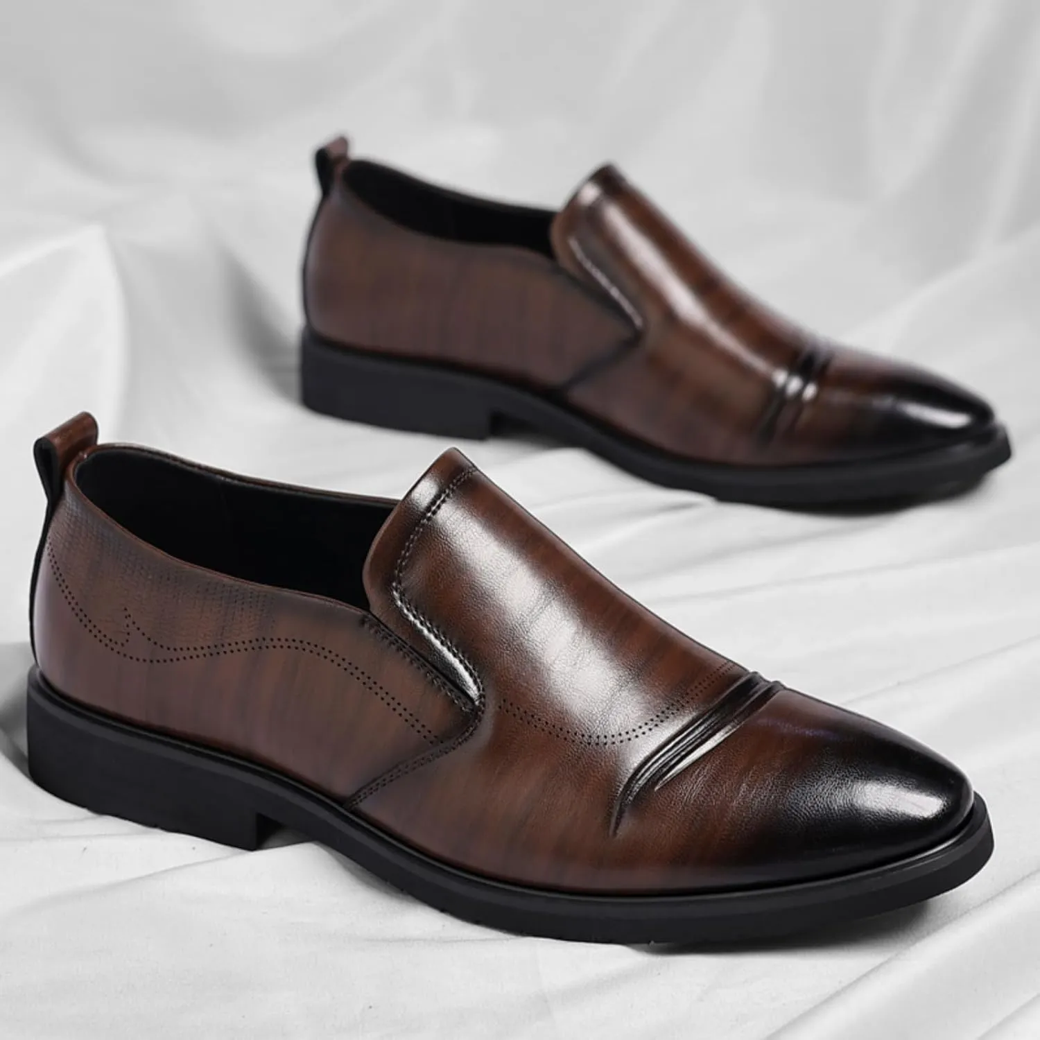 Men's Perforated Breathable Slip - On Loafers, Leather Dress Shoes with Pointed Toe, Derby Style. Ideal for Outings, Parties, Weddings and Other Formal Occasions