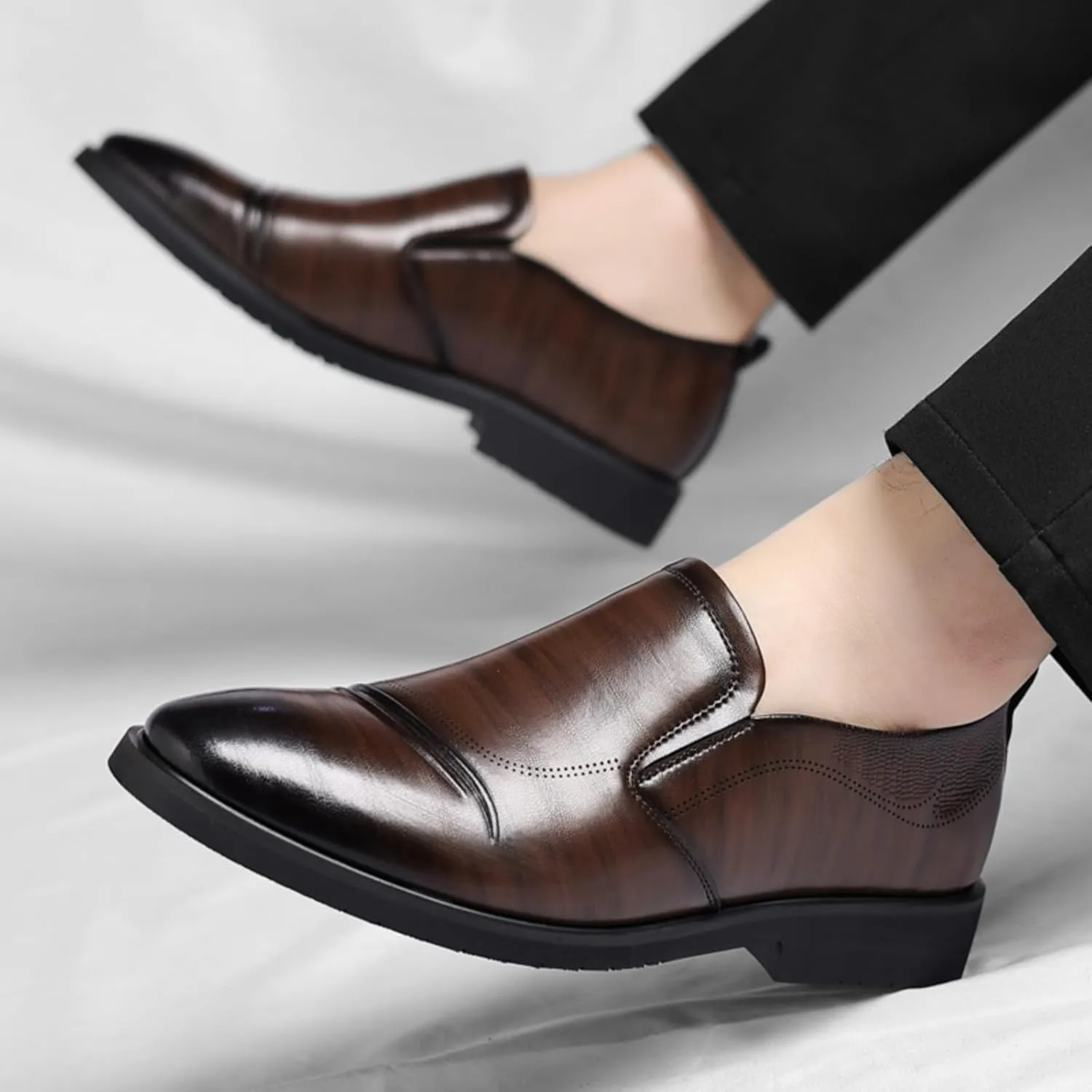 Men's Perforated Breathable Slip - On Loafers, Leather Dress Shoes with Pointed Toe, Derby Style. Ideal for Outings, Parties, Weddings and Other Formal Occasions