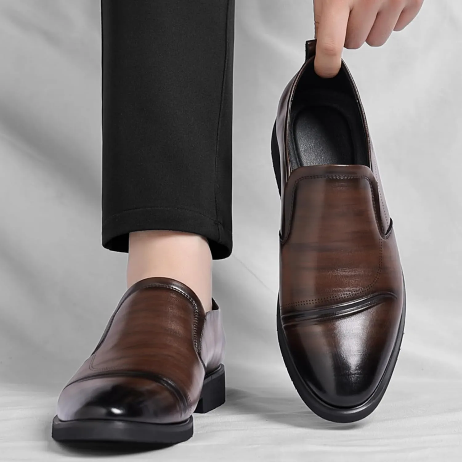 Men's Perforated Breathable Slip - On Loafers, Leather Dress Shoes with Pointed Toe, Derby Style. Ideal for Outings, Parties, Weddings and Other Formal Occasions