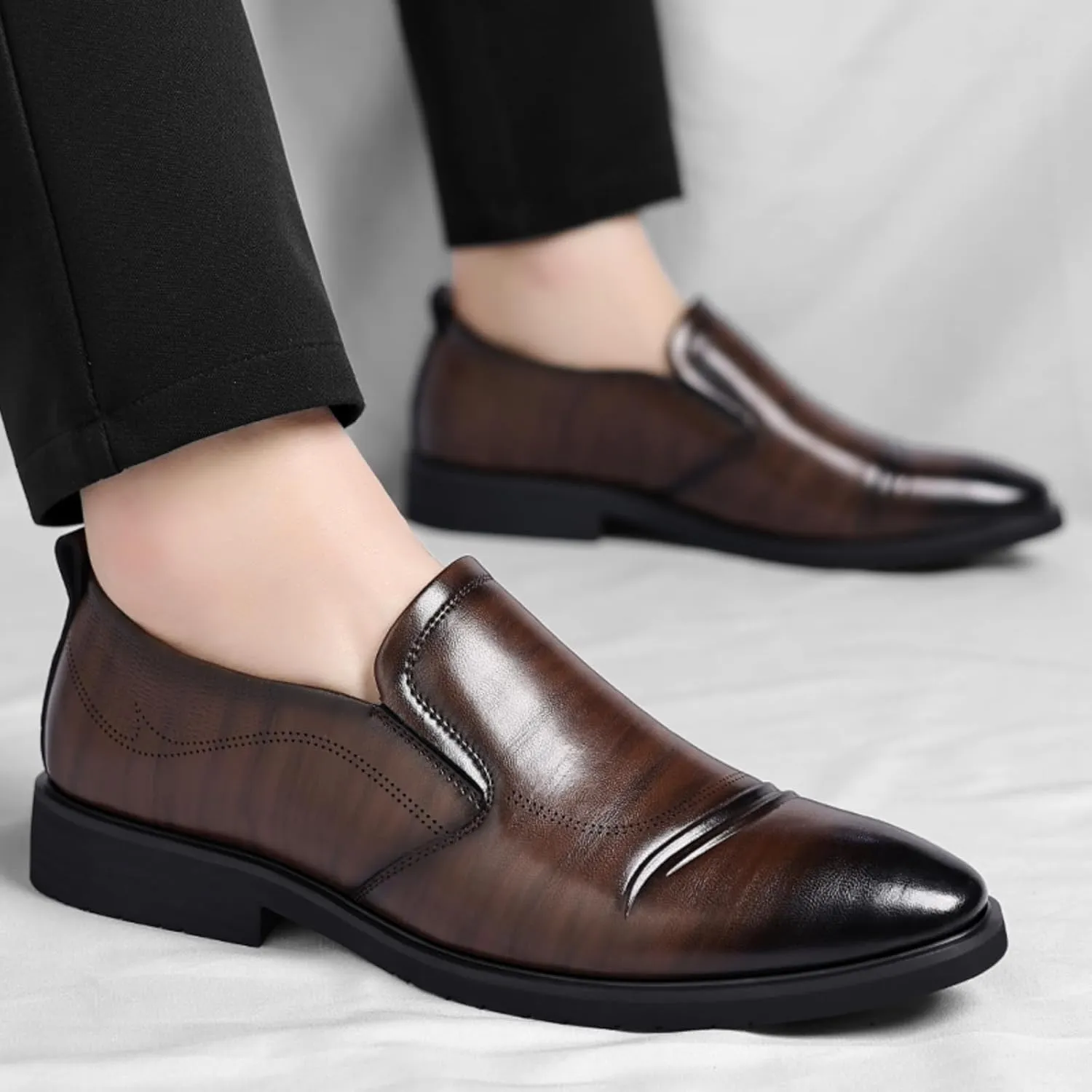 Men's Perforated Breathable Slip - On Loafers, Leather Dress Shoes with Pointed Toe, Derby Style. Ideal for Outings, Parties, Weddings and Other Formal Occasions