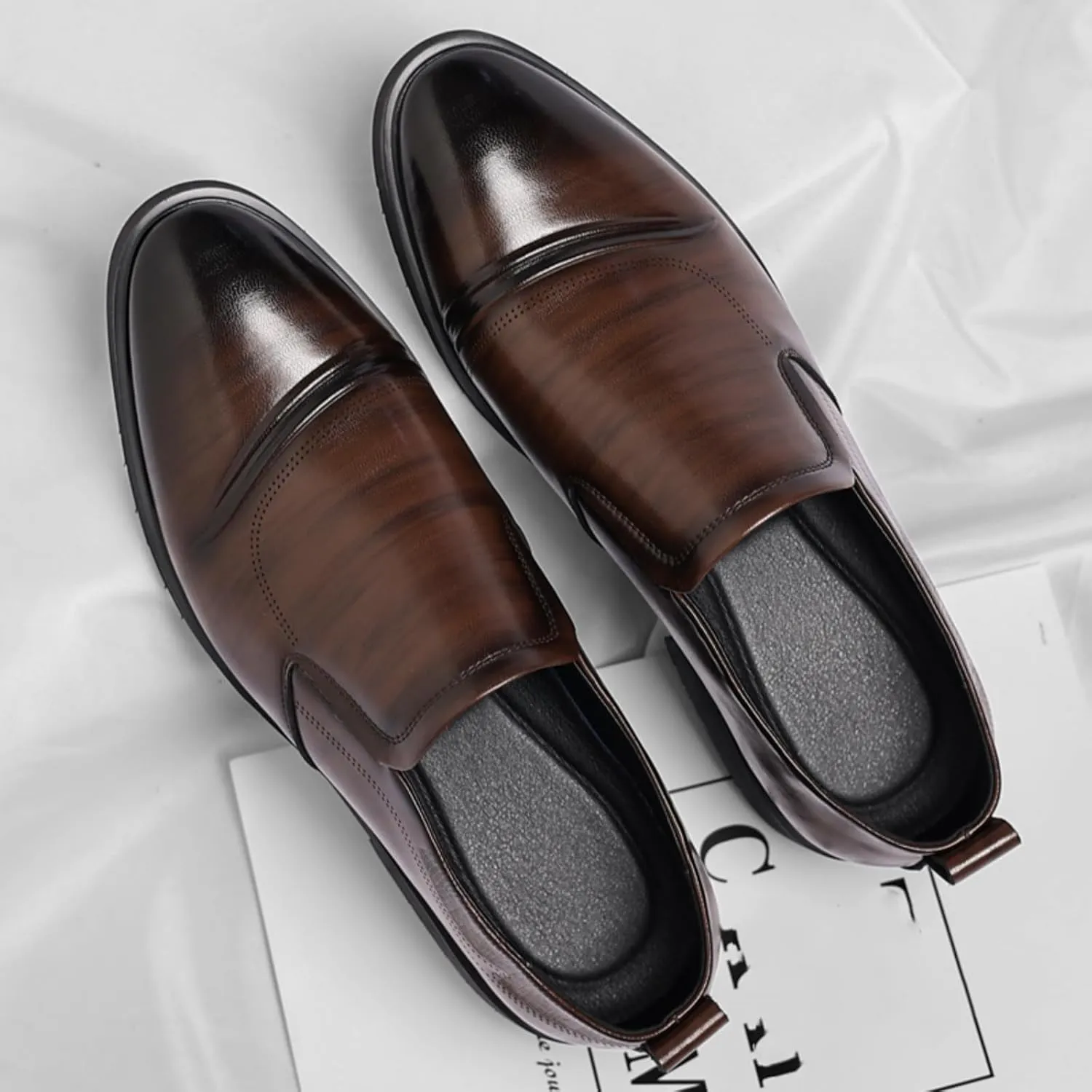 Men's Perforated Breathable Slip - On Loafers, Leather Dress Shoes with Pointed Toe, Derby Style. Ideal for Outings, Parties, Weddings and Other Formal Occasions