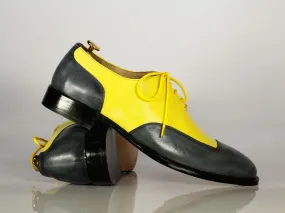 New Handmade Men's Gray Yellow Wing Tip Leather Lace Up Shoes, Men Designer Dress Formal Shoes