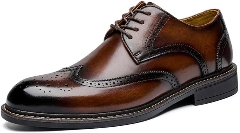 Spring Men's Leather Shoes Men's Leather Business Casual Soft Bottom Derby Men's Leather Shoes Handmade British Style Brogue Wedding Shoes(Brown,41)