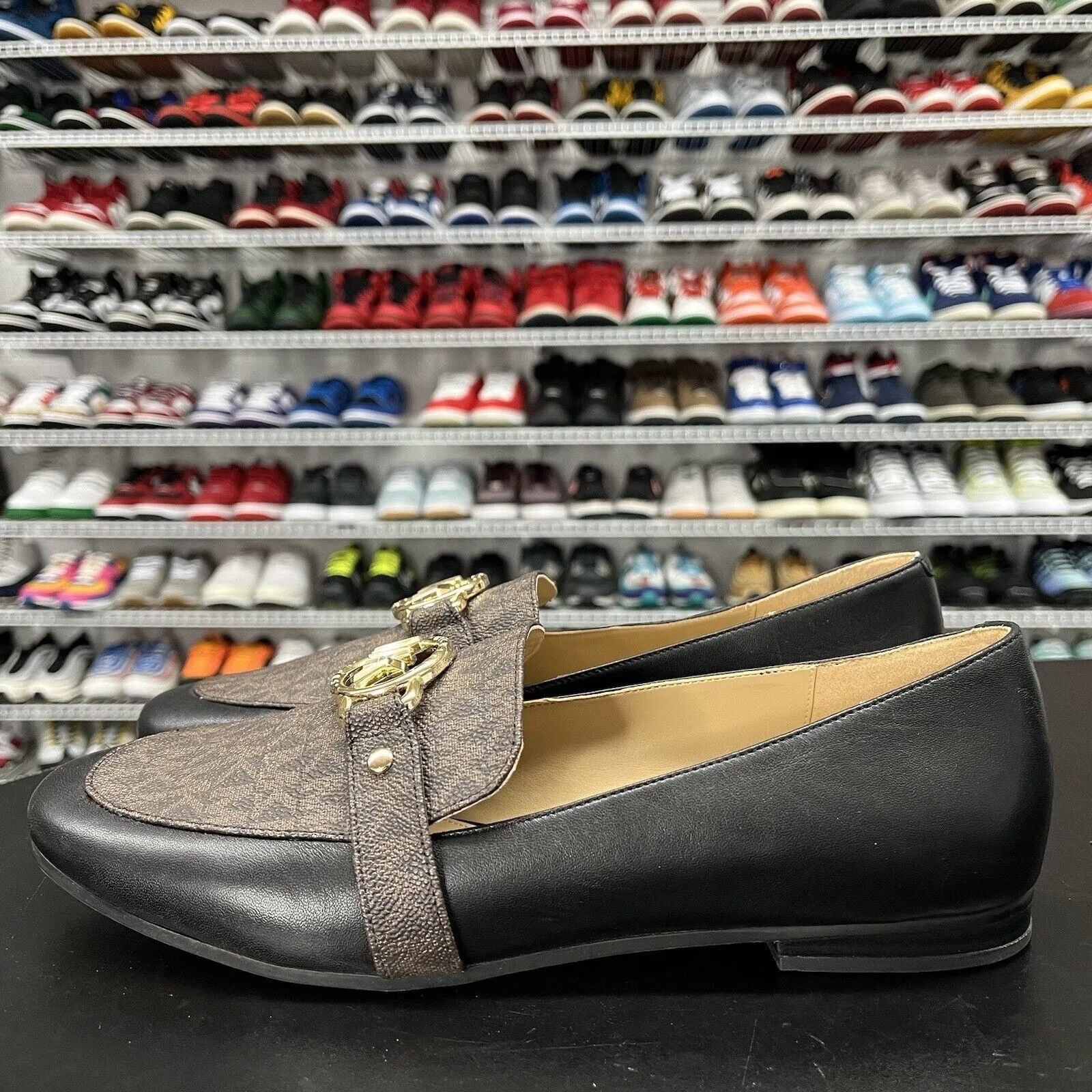 Women's Michael Kors Rory Loafer Black/Brown Flats Men's Size 9.5