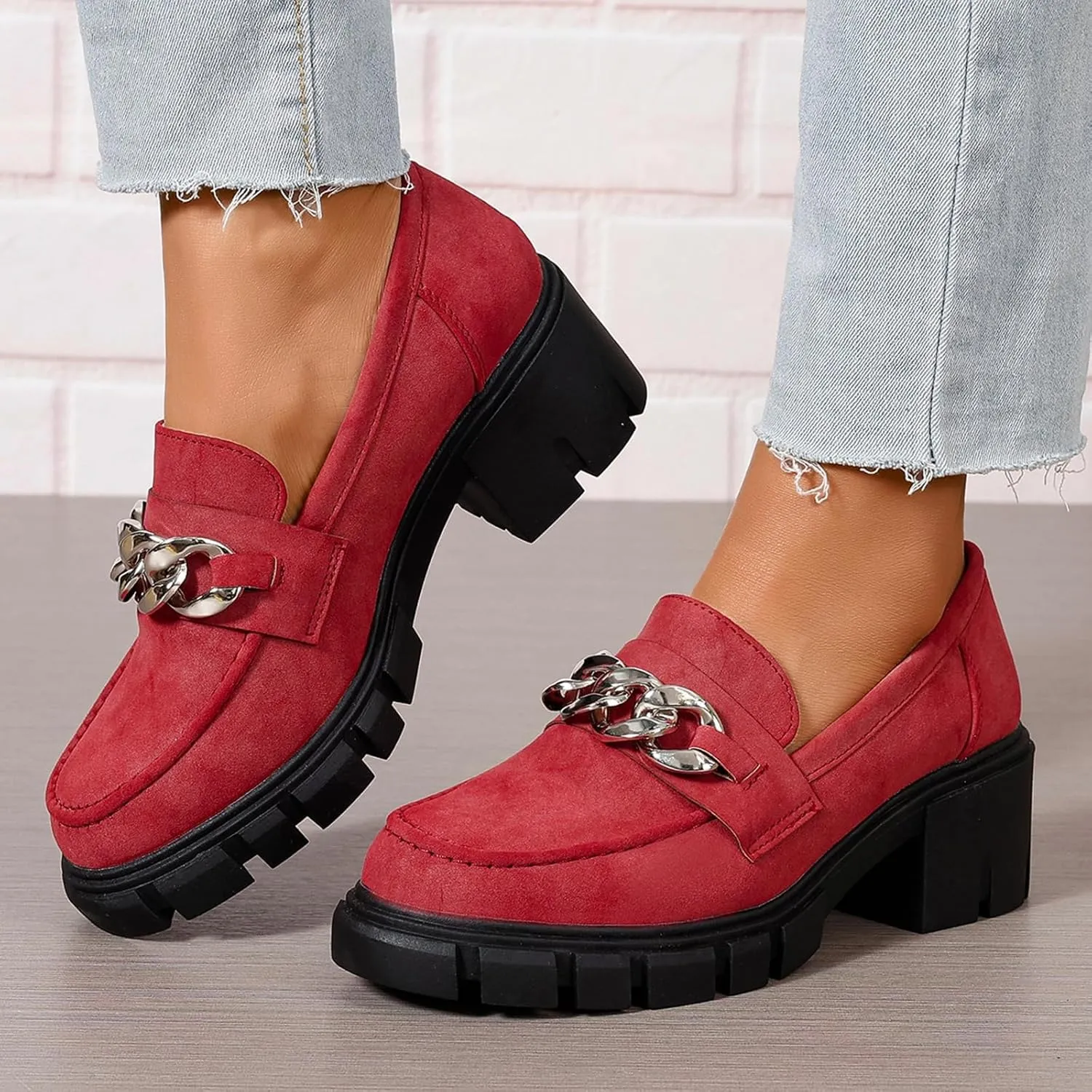 Women's Platform Loafers Slip On with Chain Comfort Chunky Casual Business Work Shoes Loafers Slip on Round Toe