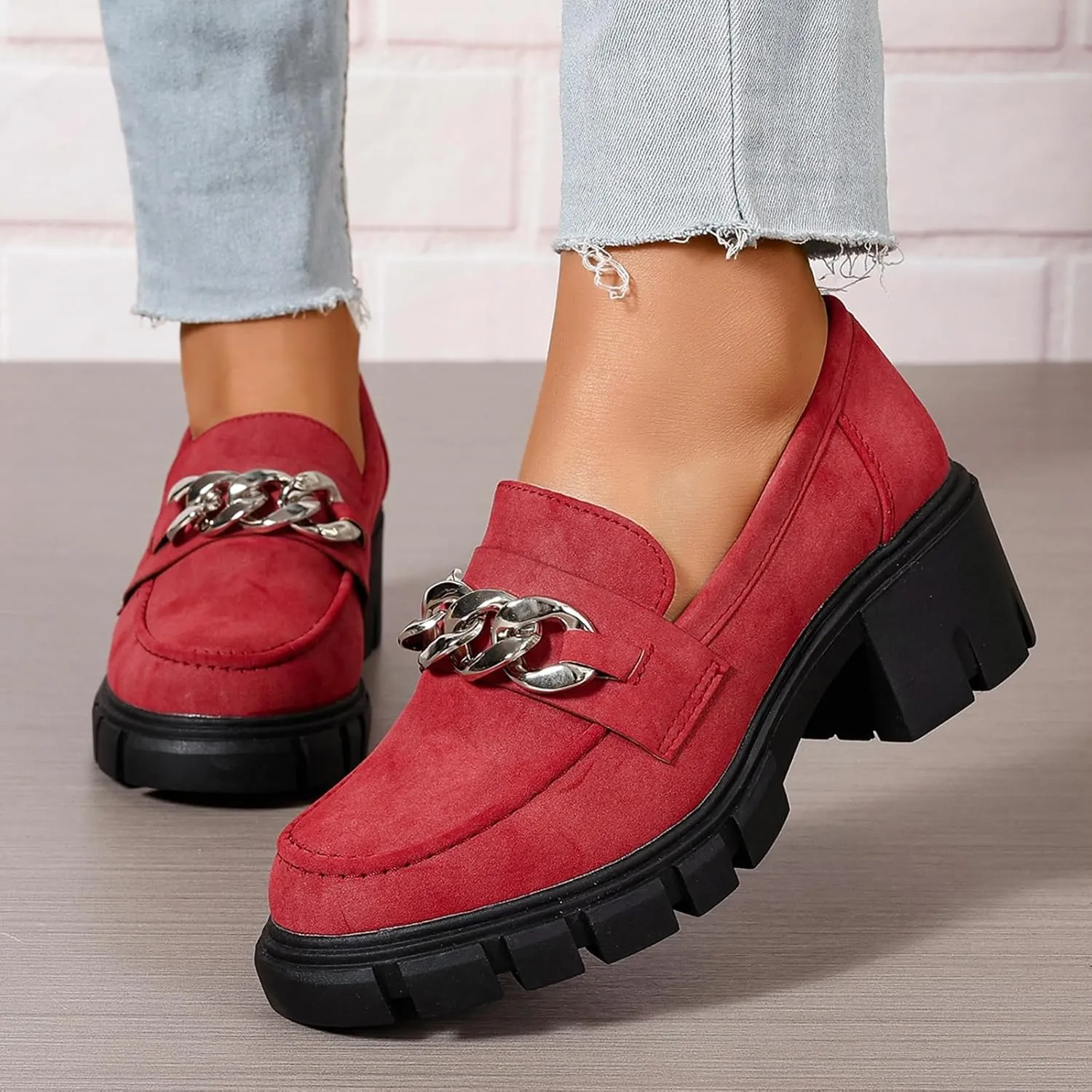 Women's Platform Loafers Slip On with Chain Comfort Chunky Casual Business Work Shoes Loafers Slip on Round Toe