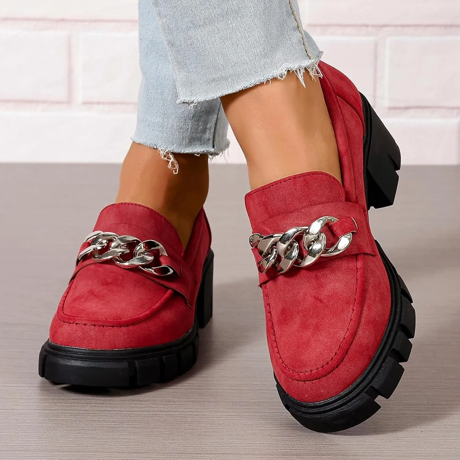 Women's Platform Loafers Slip On with Chain Comfort Chunky Casual Business Work Shoes Loafers Slip on Round Toe
