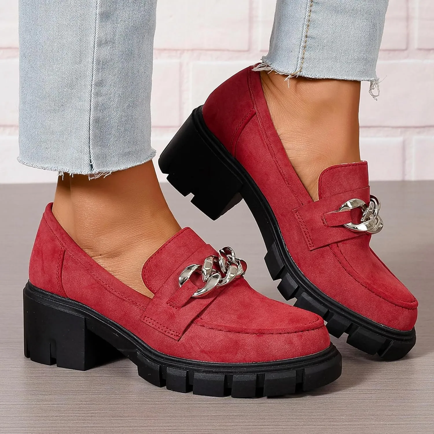 Women's Platform Loafers Slip On with Chain Comfort Chunky Casual Business Work Shoes Loafers Slip on Round Toe
